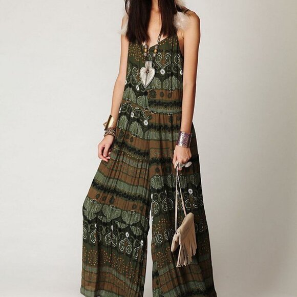 XS Free People NWT Emerald Rust Jumpsuit wide legs dress maxi crinkled - Picture 3 of 10